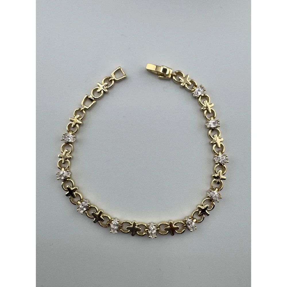 14k Gold Plated Marquise Cubic Zirconia Cross Link Tennis‎ Bracelet Gold Tone